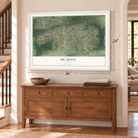 De Soto, Illinois map, 24 x 36 inch print in a white frame above a dresser by a staircase