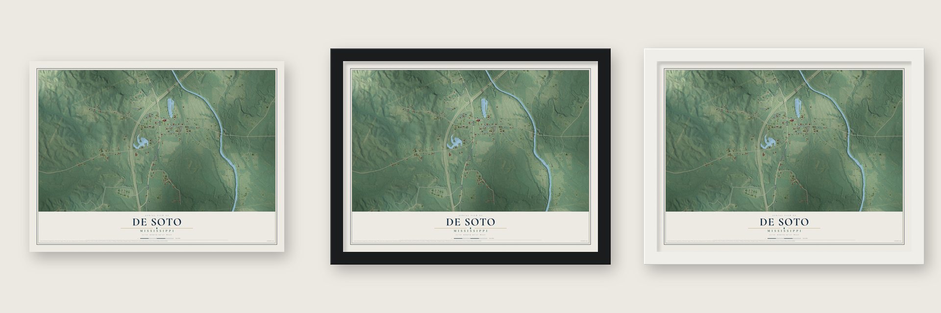 De Soto, Mississippi map unframed, in a black wood frame and in a white wood frame