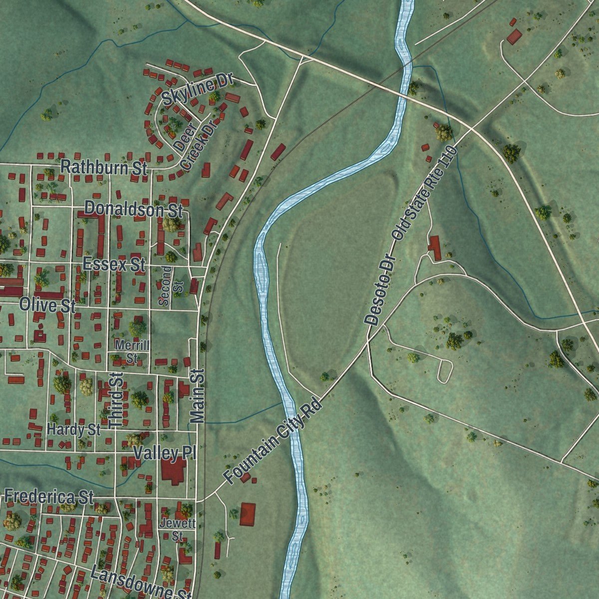 Second close-up of the map of De Soto, Missouri print showing more streets and buildings