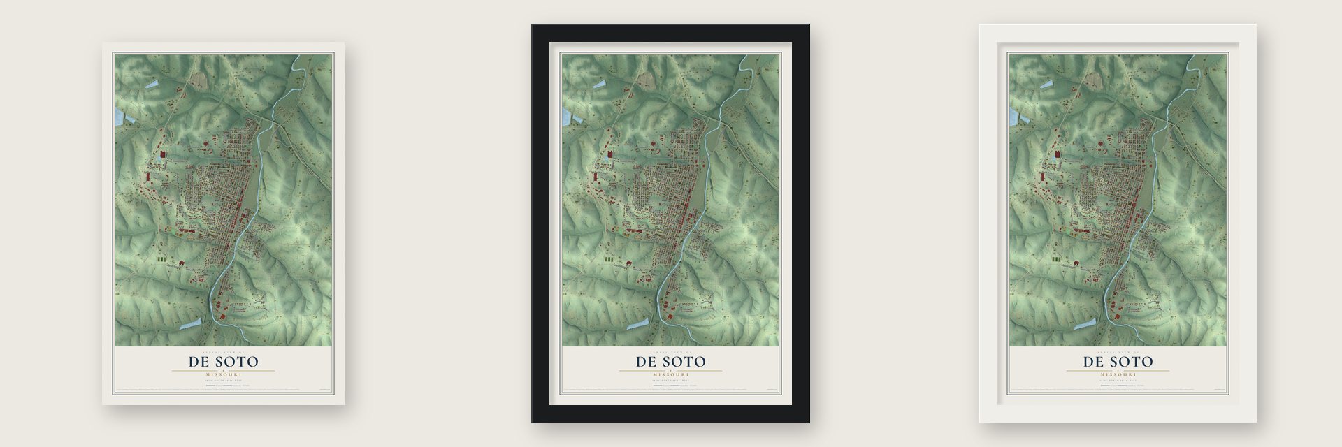 De Soto, Missouri map unframed, in a black wood frame and in a white wood frame