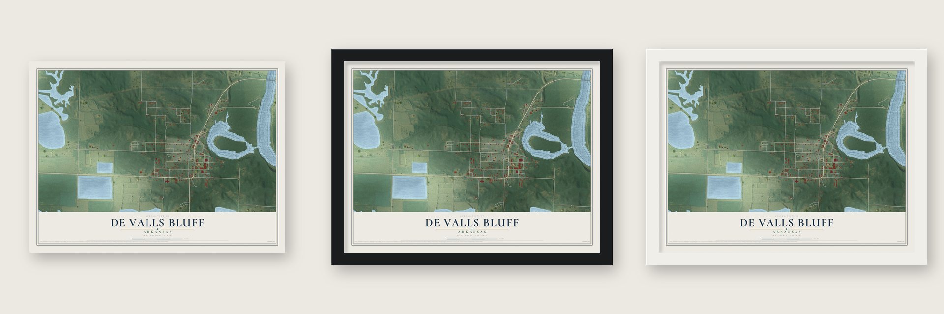De Valls Bluff, Arkansas map unframed, in a black wood frame and in a white wood frame