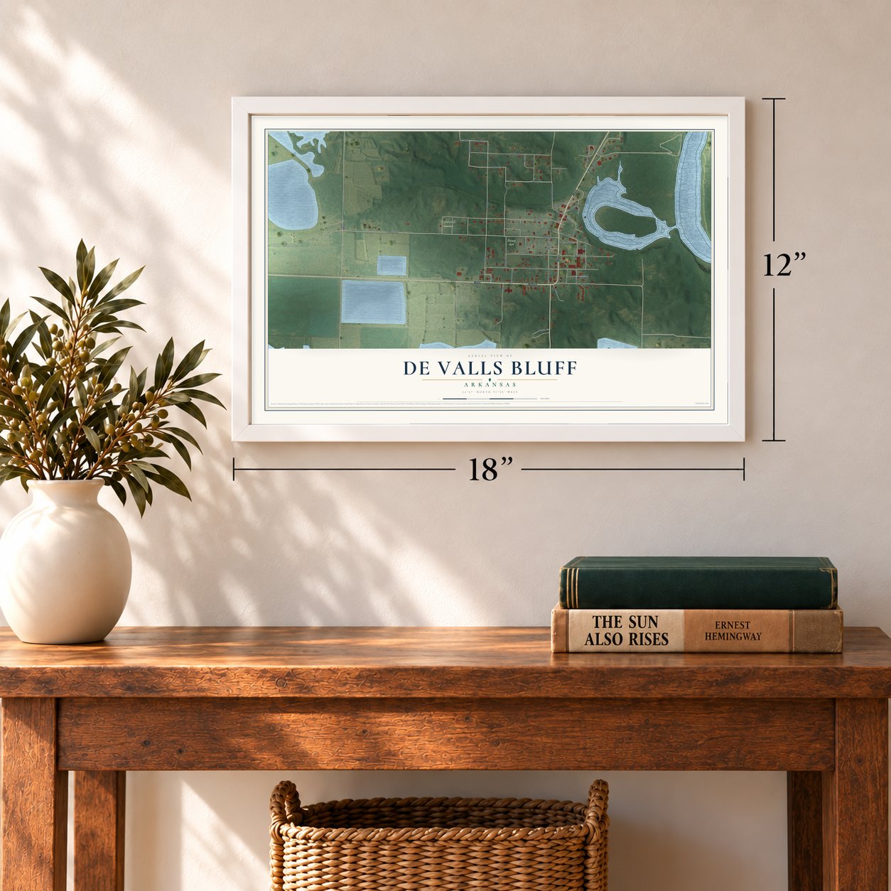 De Valls Bluff, Arkansas map, 12 x 18 inch print in a white frame in an entryway