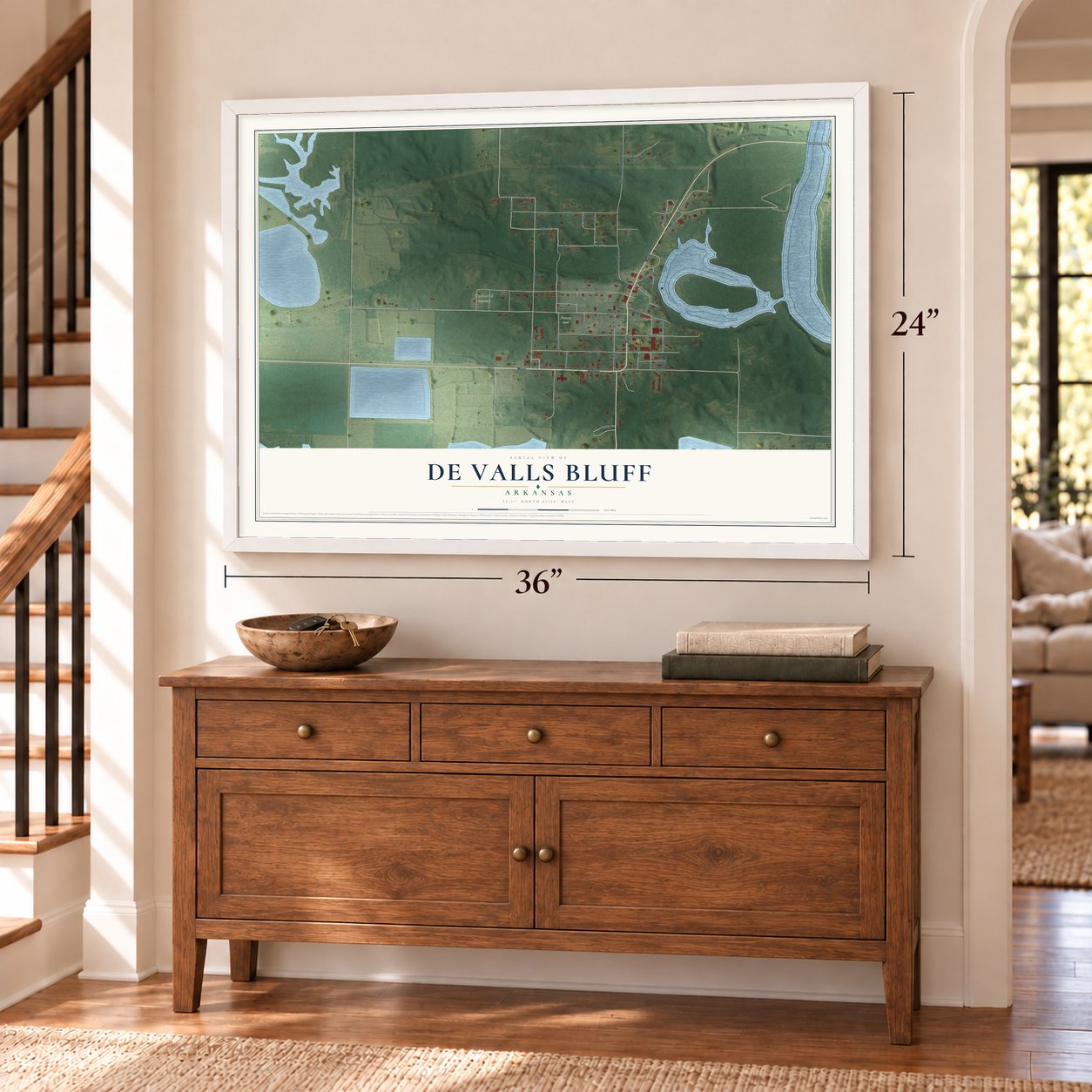 De Valls Bluff, Arkansas map, 24 x 36 inch print in a white frame above a dresser by a staircase