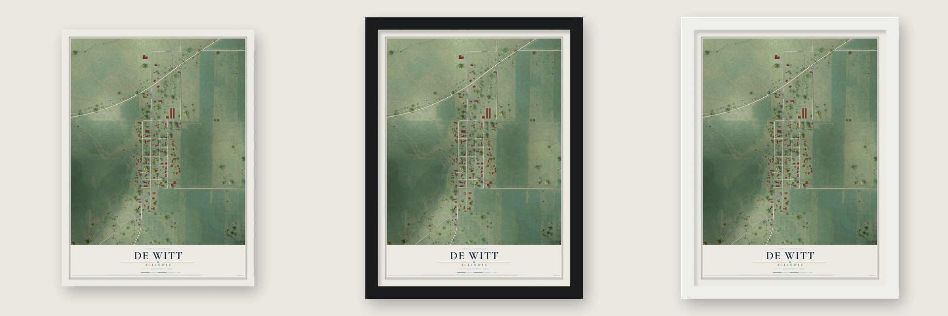 De Witt, Illinois map unframed, in a black wood frame and in a white wood frame