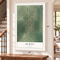 De Witt, Illinois map, 24 x 36 inch print in a white frame by a staircase