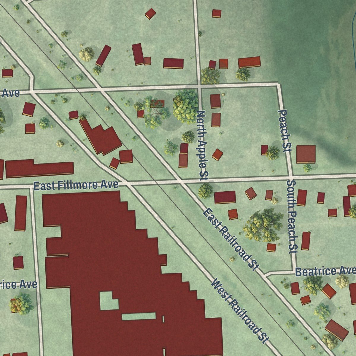 Second close-up of the map of De Witt, Nebraska print showing more streets and buildings