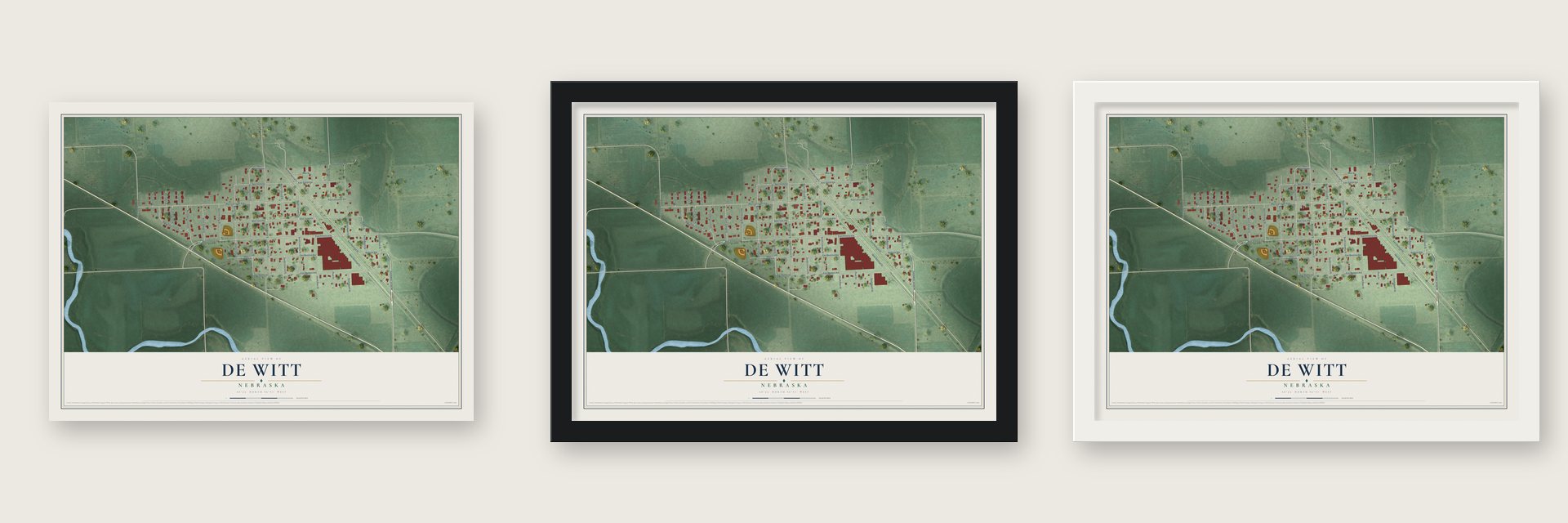 De Witt, Nebraska map unframed, in a black wood frame and in a white wood frame