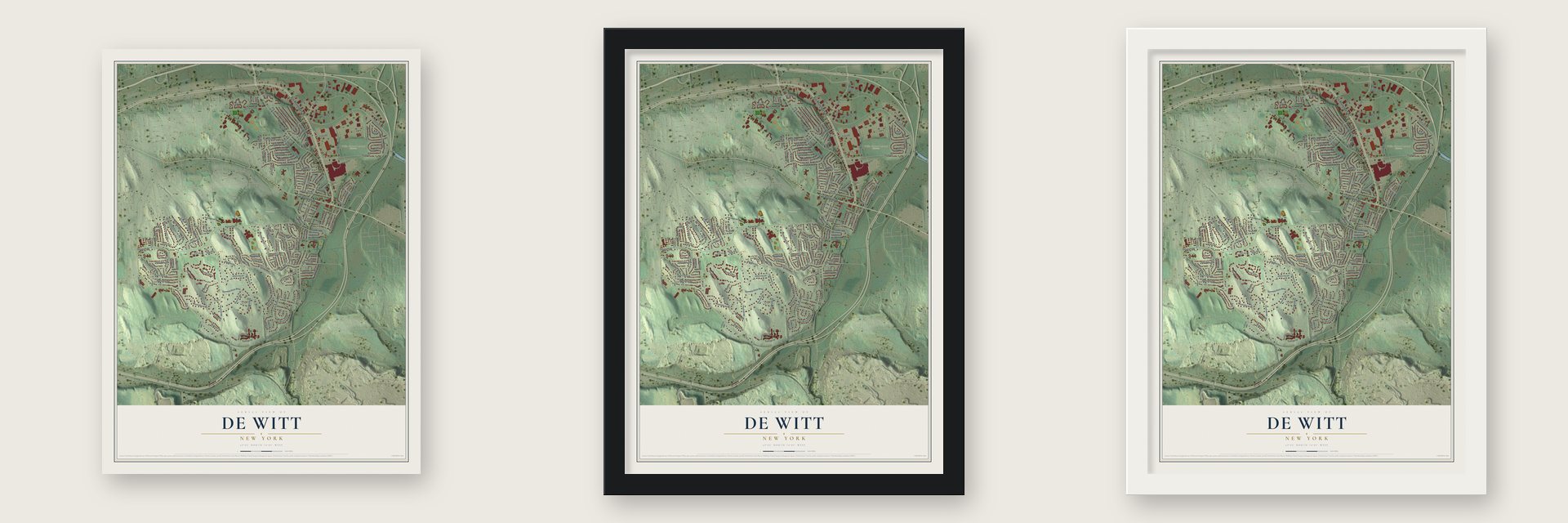De Witt, New York map unframed, in a black wood frame and in a white wood frame