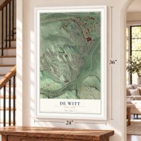 De Witt, New York map, 24 x 36 inch print in a white frame by a staircase