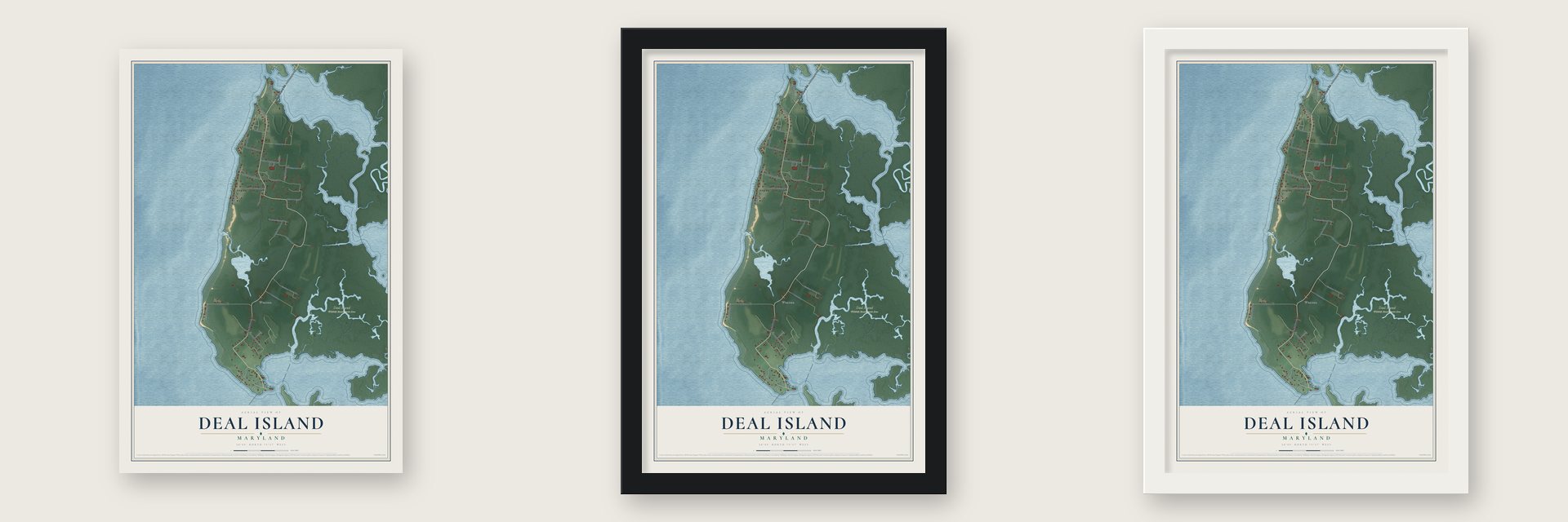 Deal Island, Maryland map unframed, in a black wood frame and in a white wood frame