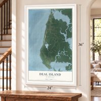 Deal Island, Maryland map, 24 x 36 inch print in a white frame by a staircase