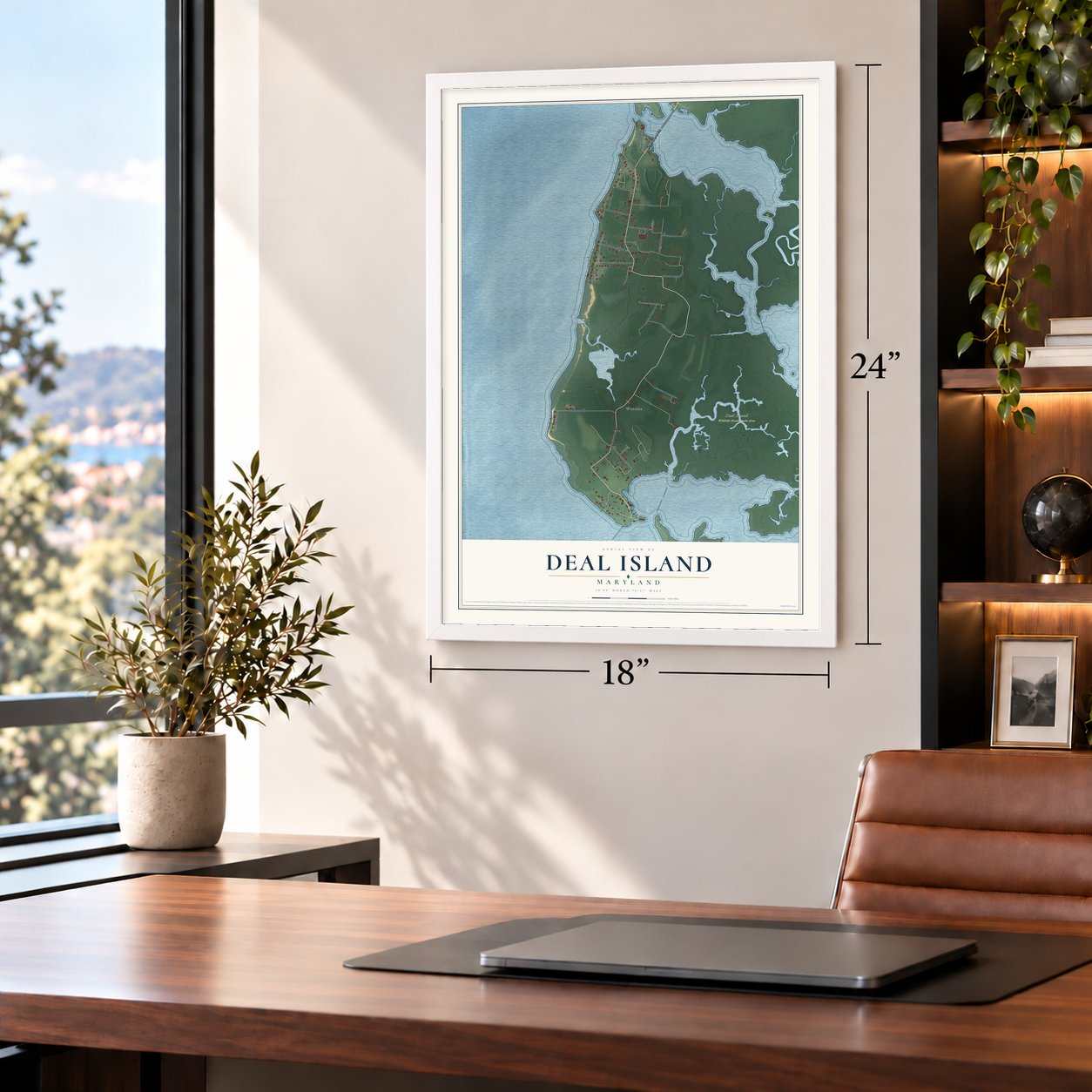 Deal Island, Maryland map, 18 x 24 inch print in a white frame in a home office