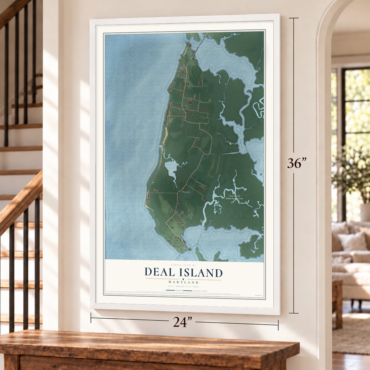 Deal Island, Maryland map, 24 x 36 inch print in a white frame by a staircase