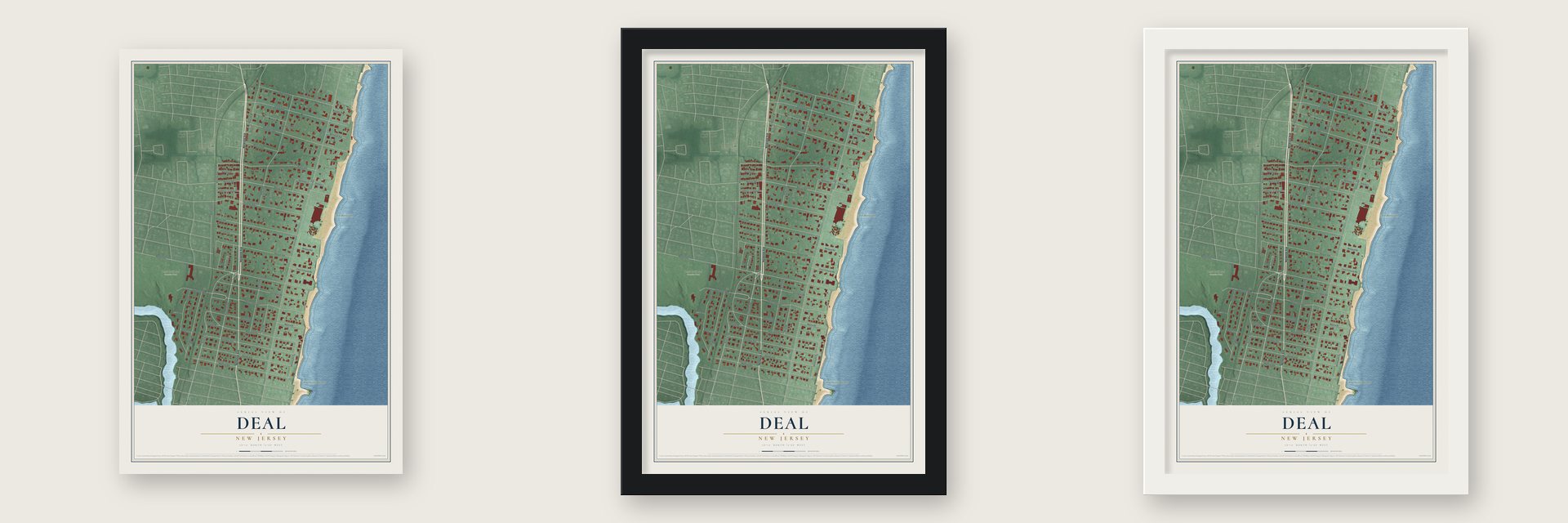 Deal, New Jersey map unframed, in a black wood frame and in a white wood frame