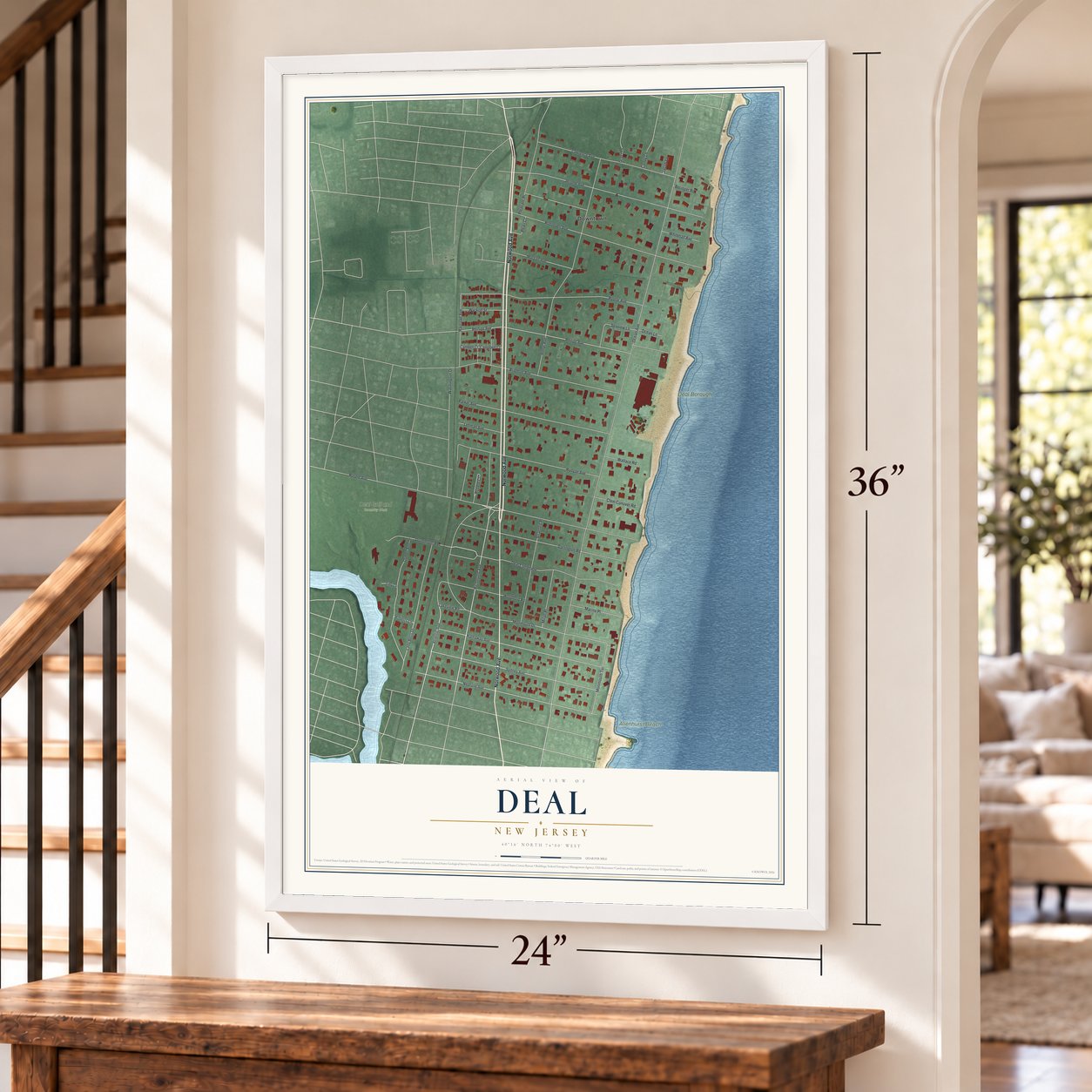 Deal, New Jersey map, 24 x 36 inch print in a white frame by a staircase