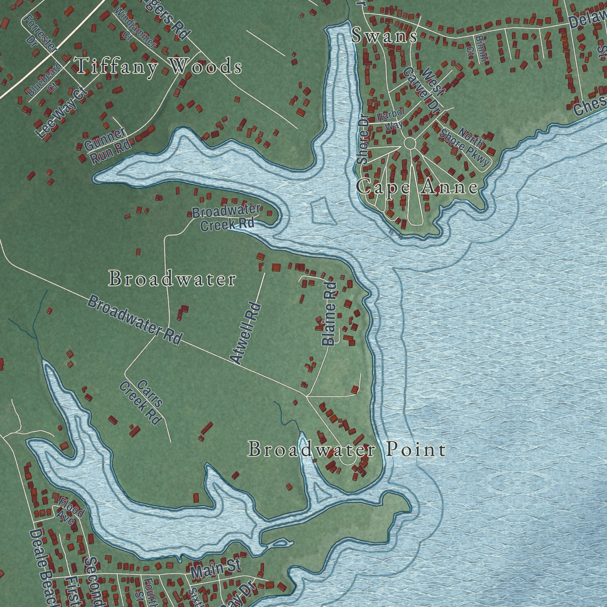Second close-up of the map of Deale, Maryland print showing more streets and buildings