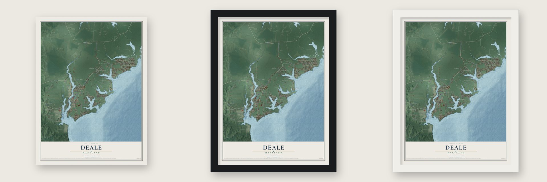 Deale, Maryland map unframed, in a black wood frame and in a white wood frame