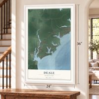 Deale, Maryland map, 24 x 36 inch print in a white frame by a staircase
