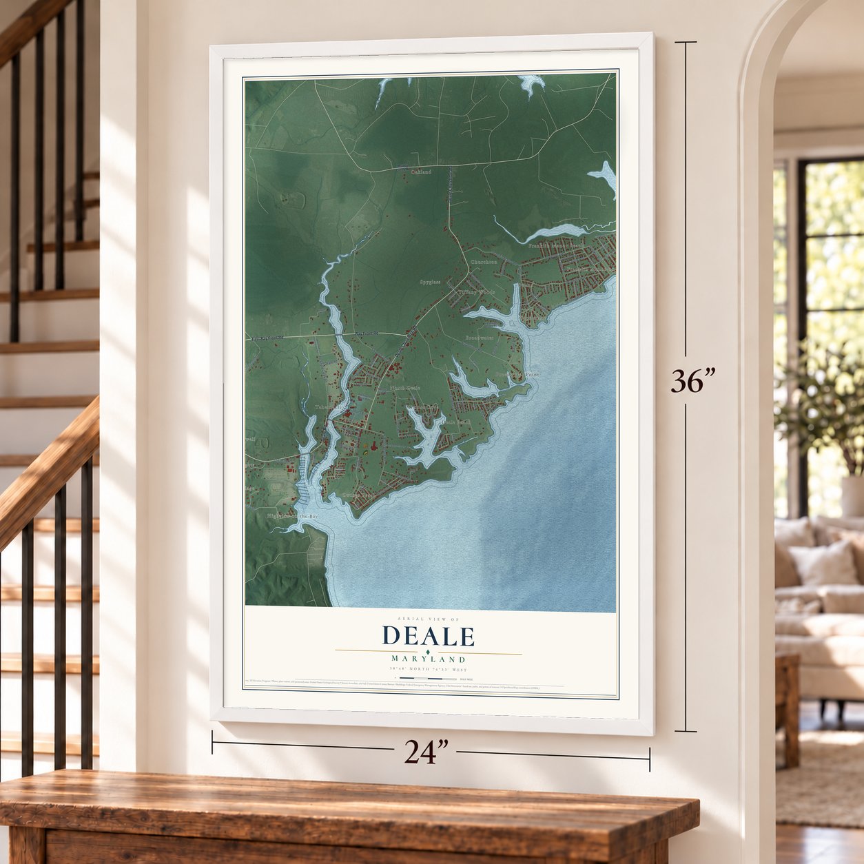 Deale, Maryland map, 24 x 36 inch print in a white frame by a staircase