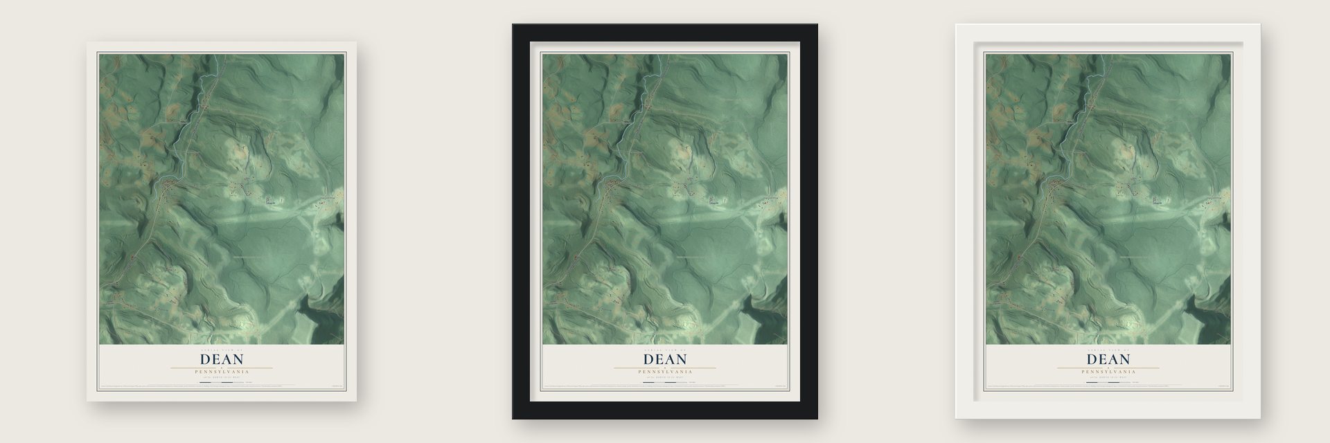 Dean, Pennsylvania map unframed, in a black wood frame and in a white wood frame
