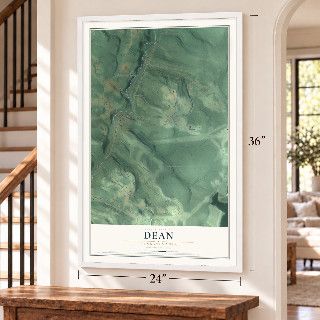 Dean, Pennsylvania map, 24 x 36 inch print in a white frame by a staircase
