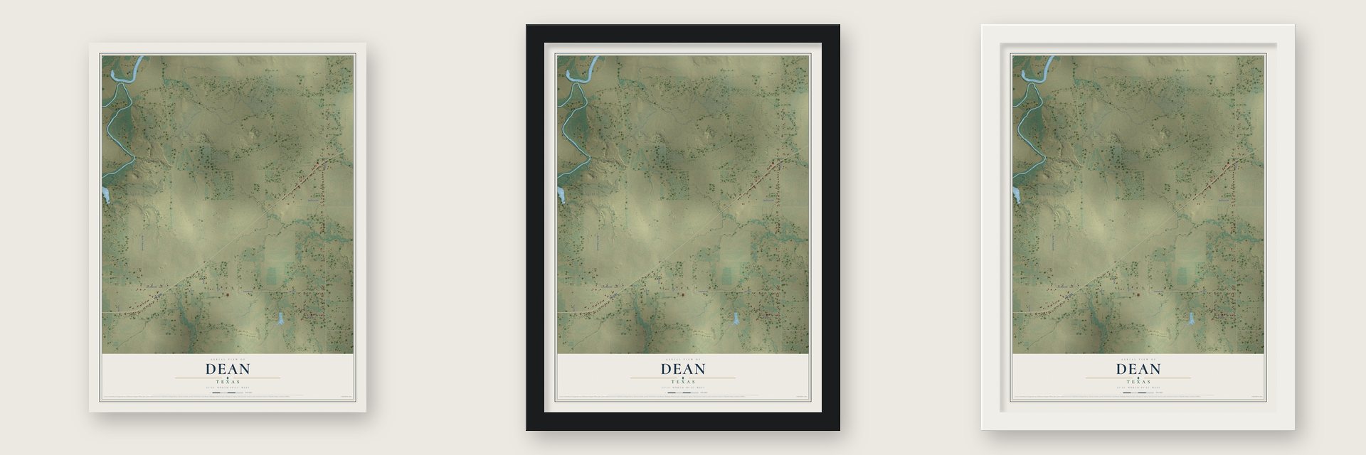 Dean, Texas map unframed, in a black wood frame and in a white wood frame