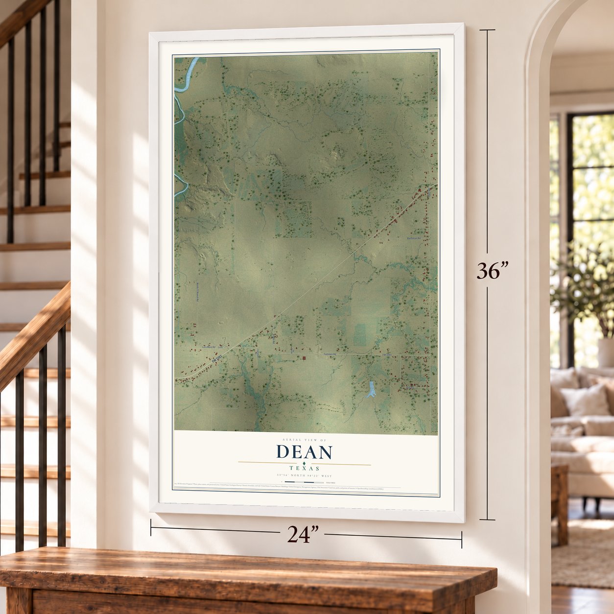 Dean, Texas map, 24 x 36 inch print in a white frame by a staircase