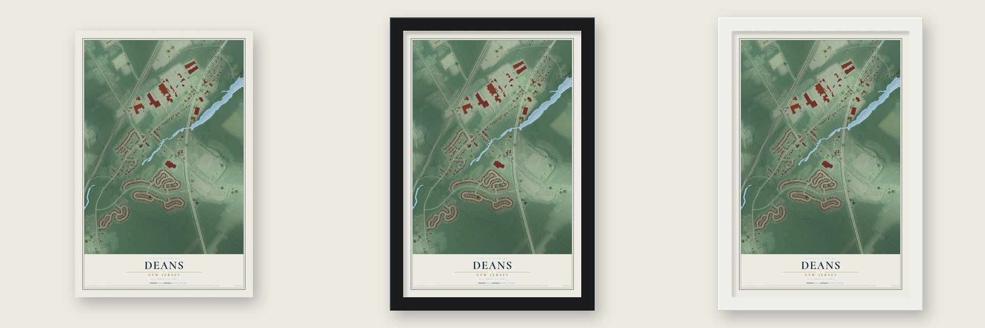 Deans, New Jersey map unframed, in a black wood frame and in a white wood frame