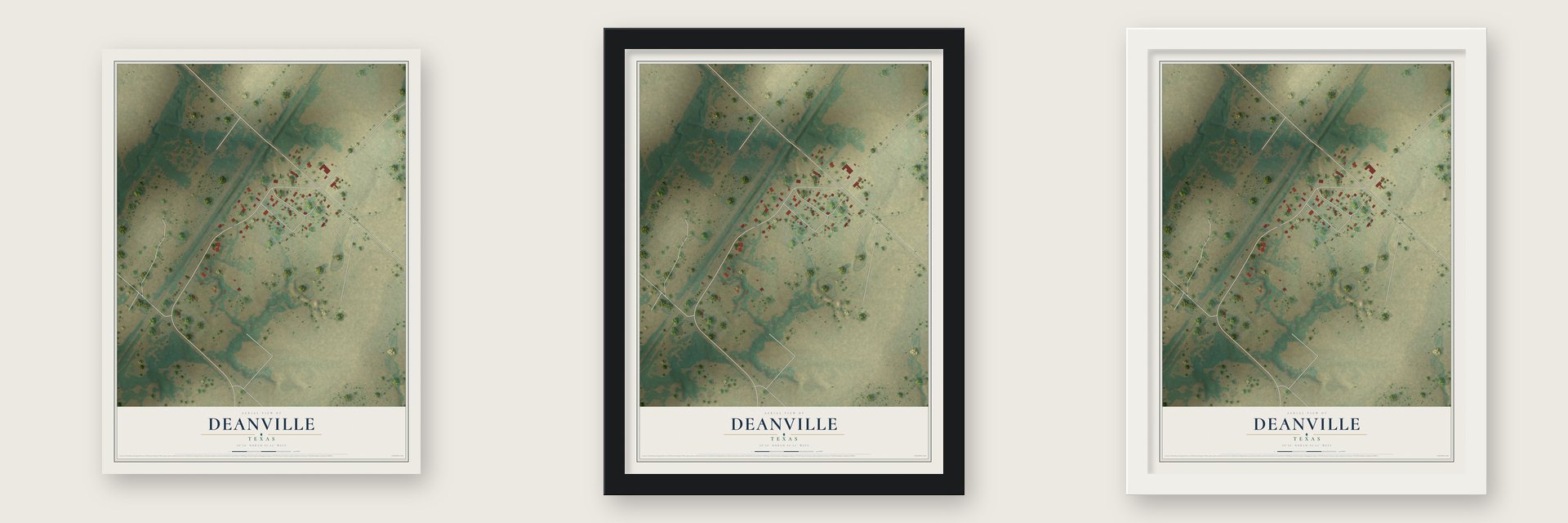 Deanville, Texas map unframed, in a black wood frame and in a white wood frame