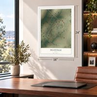 Deanville, Texas map, 18 x 24 inch print in a white frame in a home office