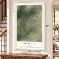 Deanville, Texas map, 24 x 36 inch print in a white frame by a staircase