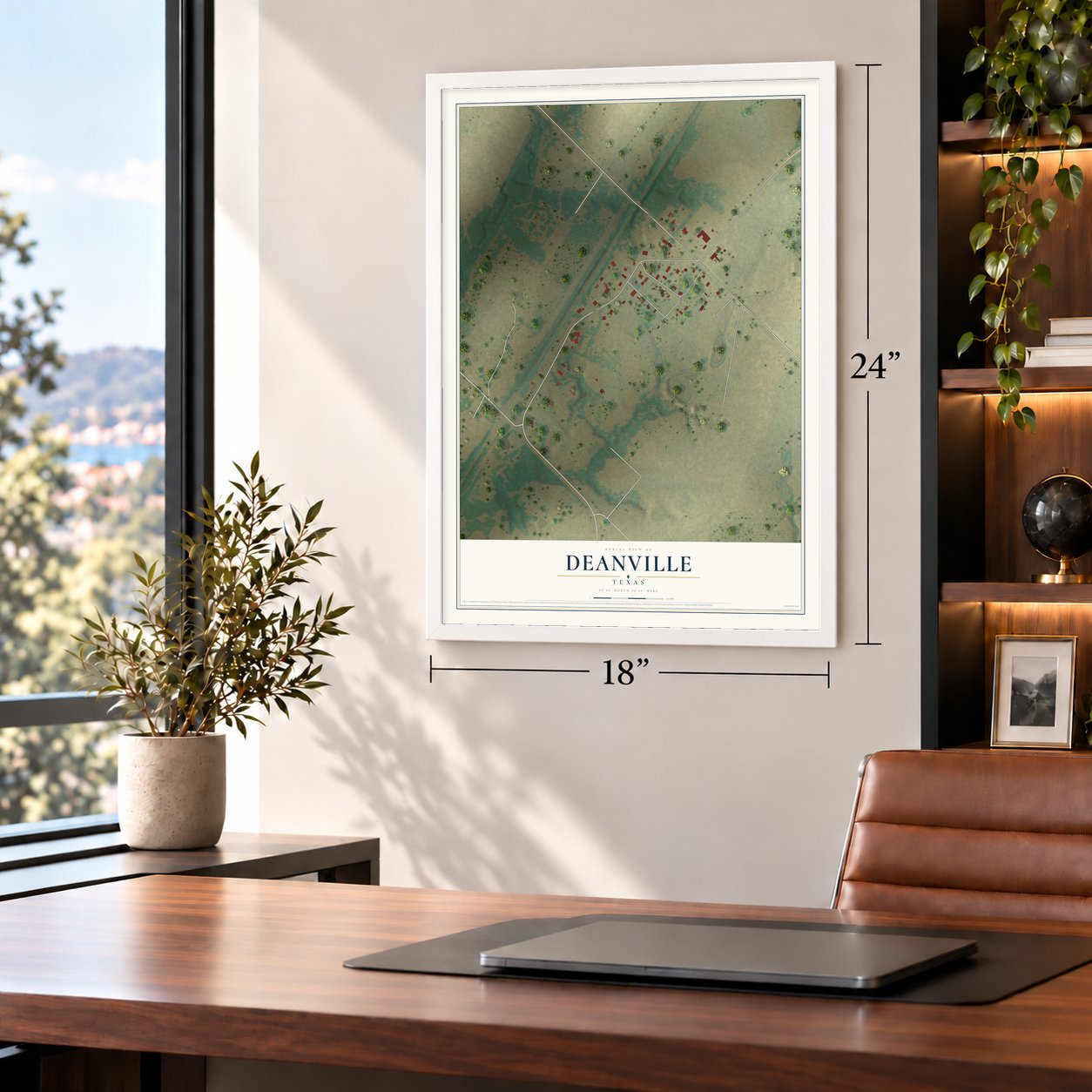 Deanville, Texas map, 18 x 24 inch print in a white frame in a home office