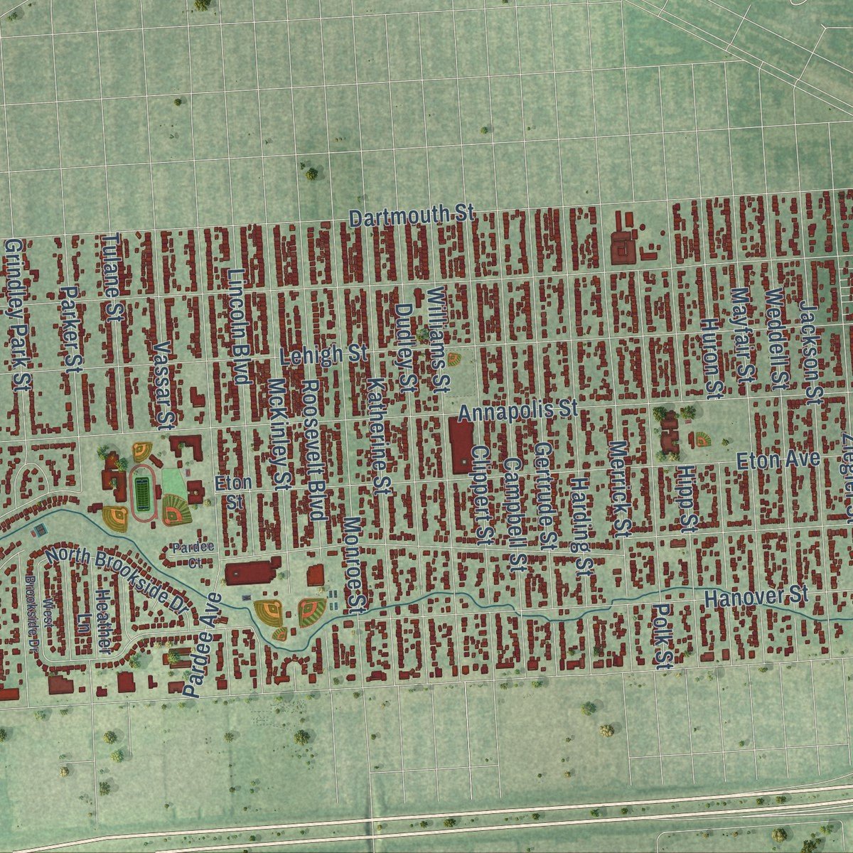 Second close-up of the map of Dearborn Heights, Michigan print showing more streets and buildings