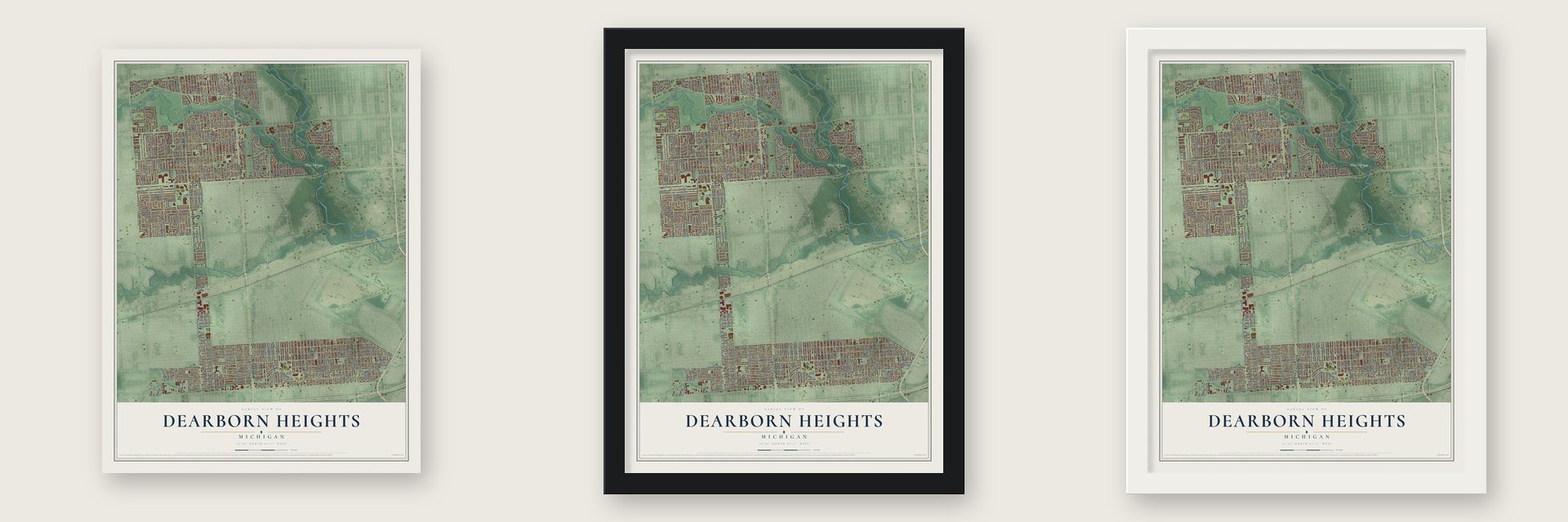 Dearborn Heights, Michigan map unframed, in a black wood frame and in a white wood frame