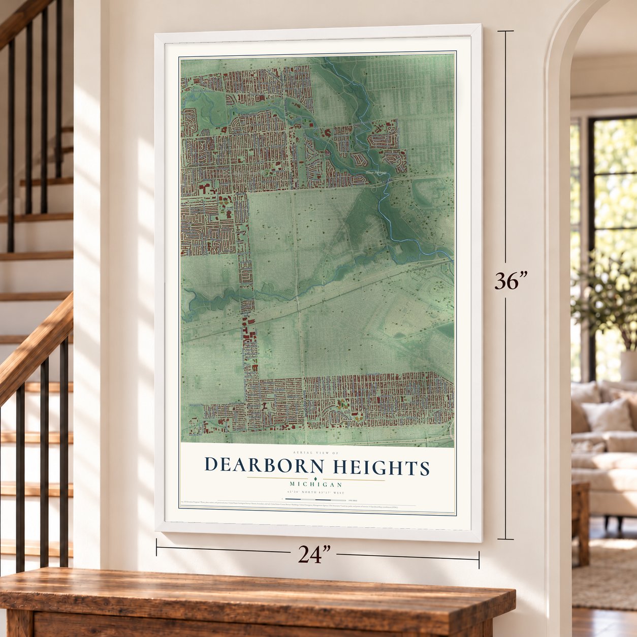Dearborn Heights, Michigan map, 24 x 36 inch print in a white frame by a staircase