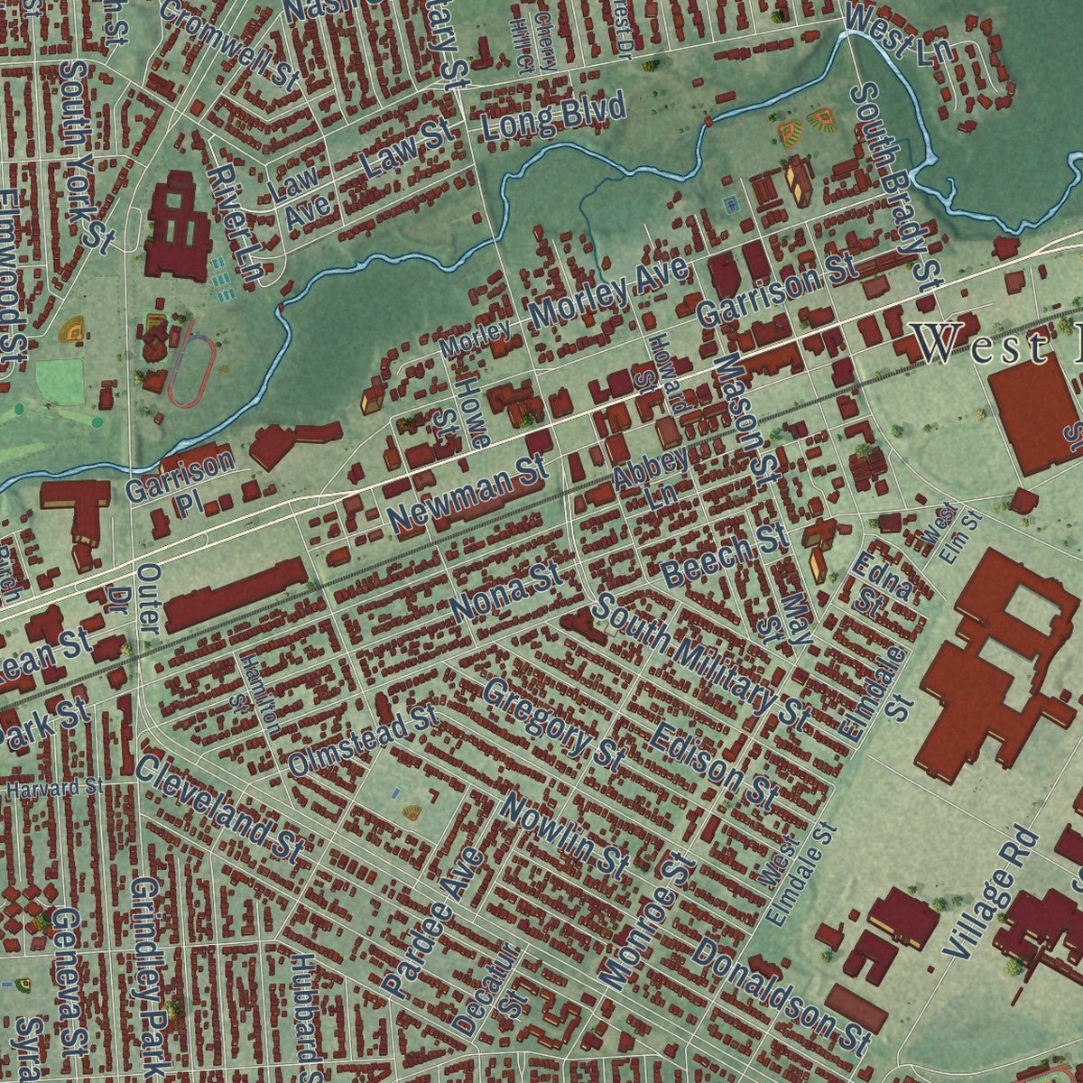 Second close-up of the map of Dearborn, Michigan print showing more streets and buildings