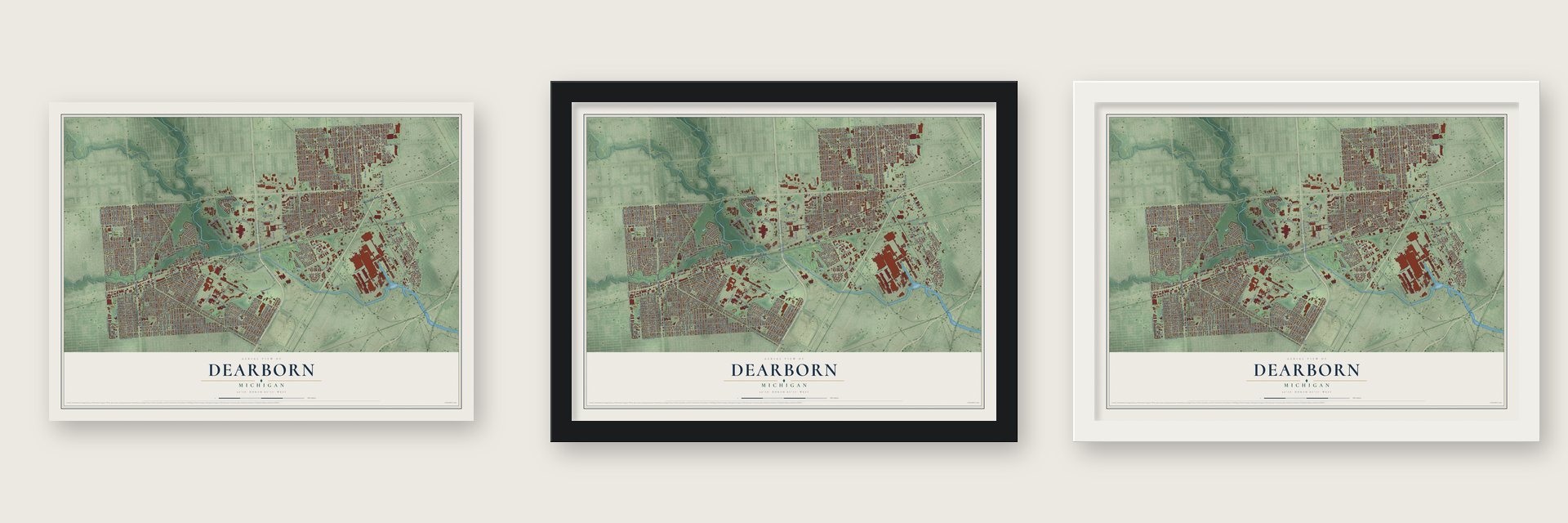 Dearborn, Michigan map unframed, in a black wood frame and in a white wood frame