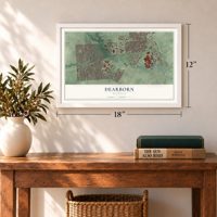 Dearborn, Michigan map, 12 x 18 inch print in a white frame in an entryway