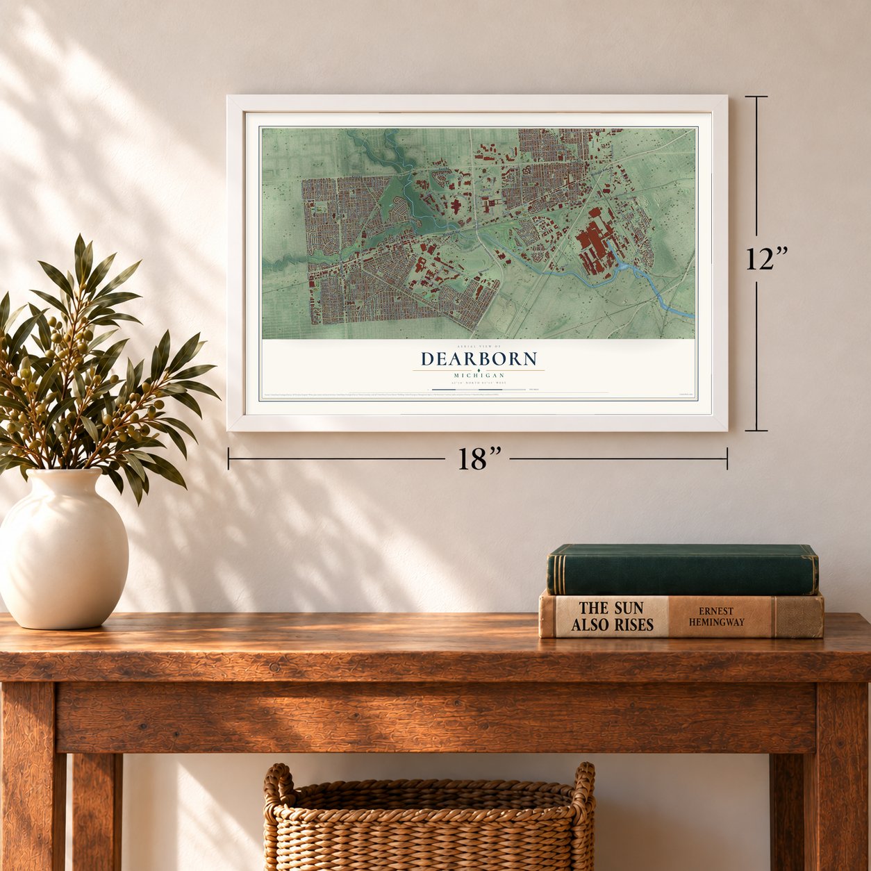 Dearborn, Michigan map, 12 x 18 inch print in a white frame in an entryway