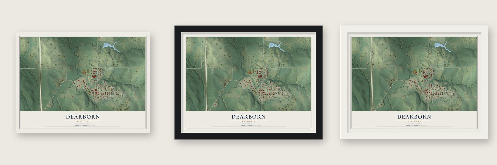 Dearborn, Missouri map unframed, in a black wood frame and in a white wood frame