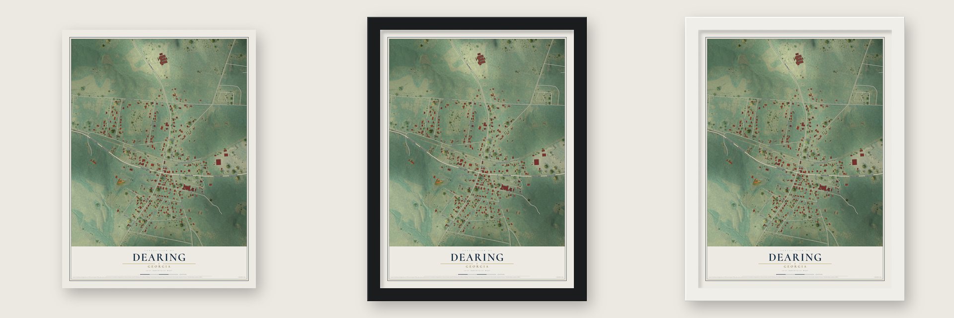 Dearing, Georgia map unframed, in a black wood frame and in a white wood frame