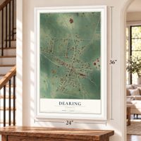 Dearing, Georgia map, 24 x 36 inch print in a white frame by a staircase