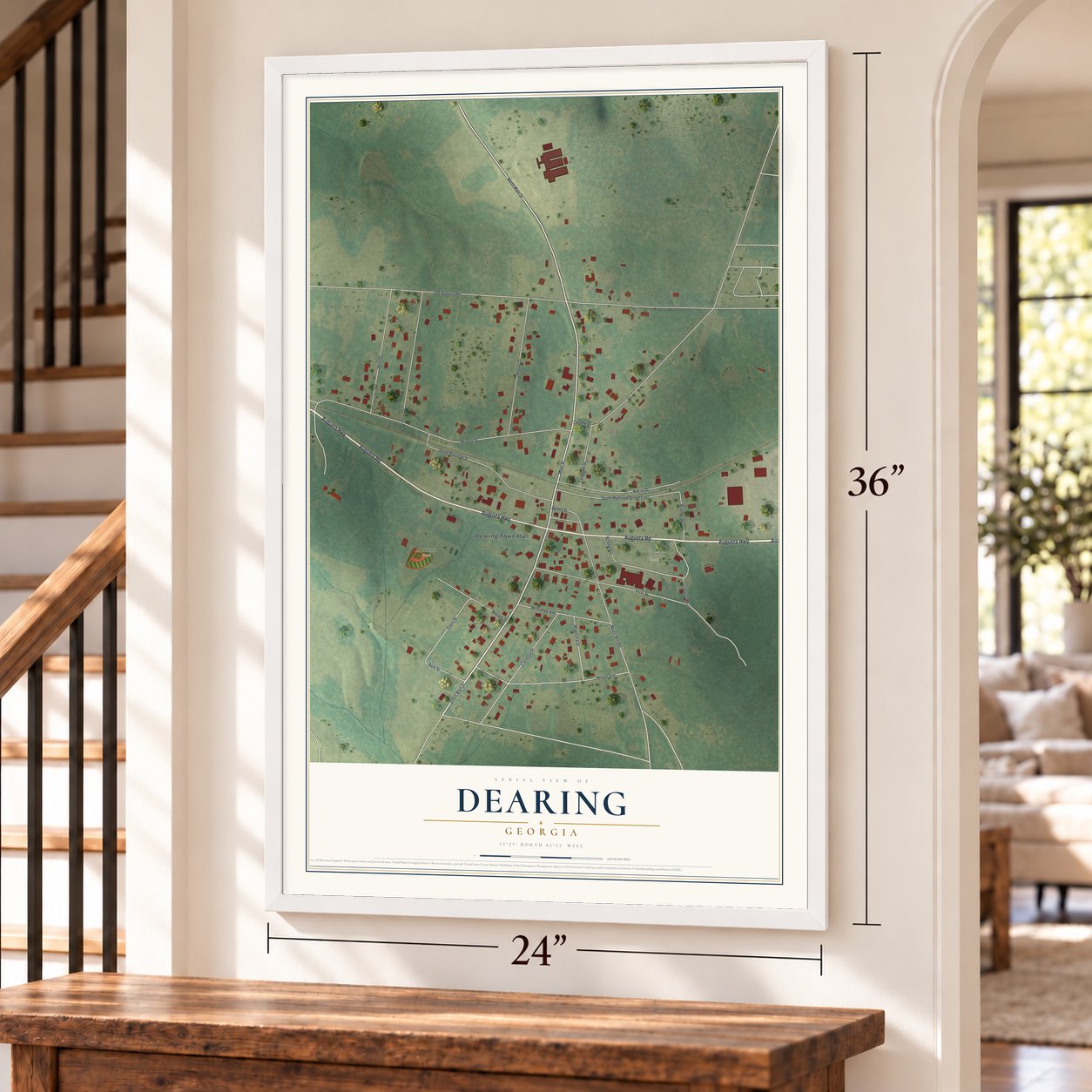 Dearing, Georgia map, 24 x 36 inch print in a white frame by a staircase