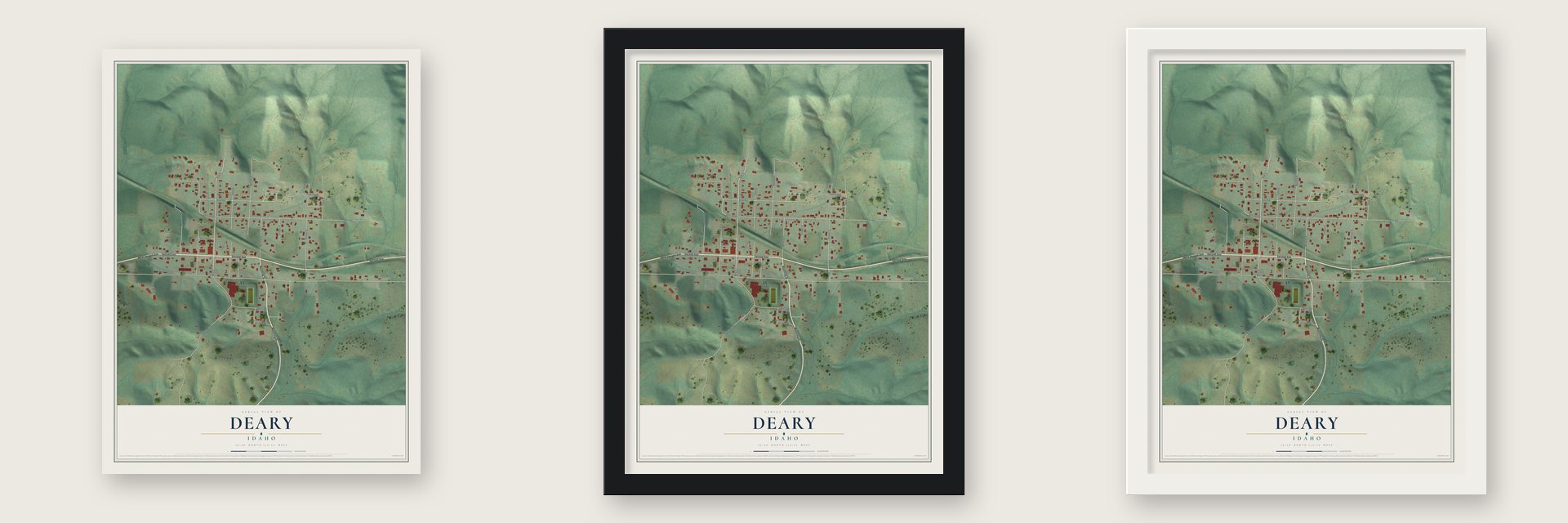 Deary, Idaho map unframed, in a black wood frame and in a white wood frame