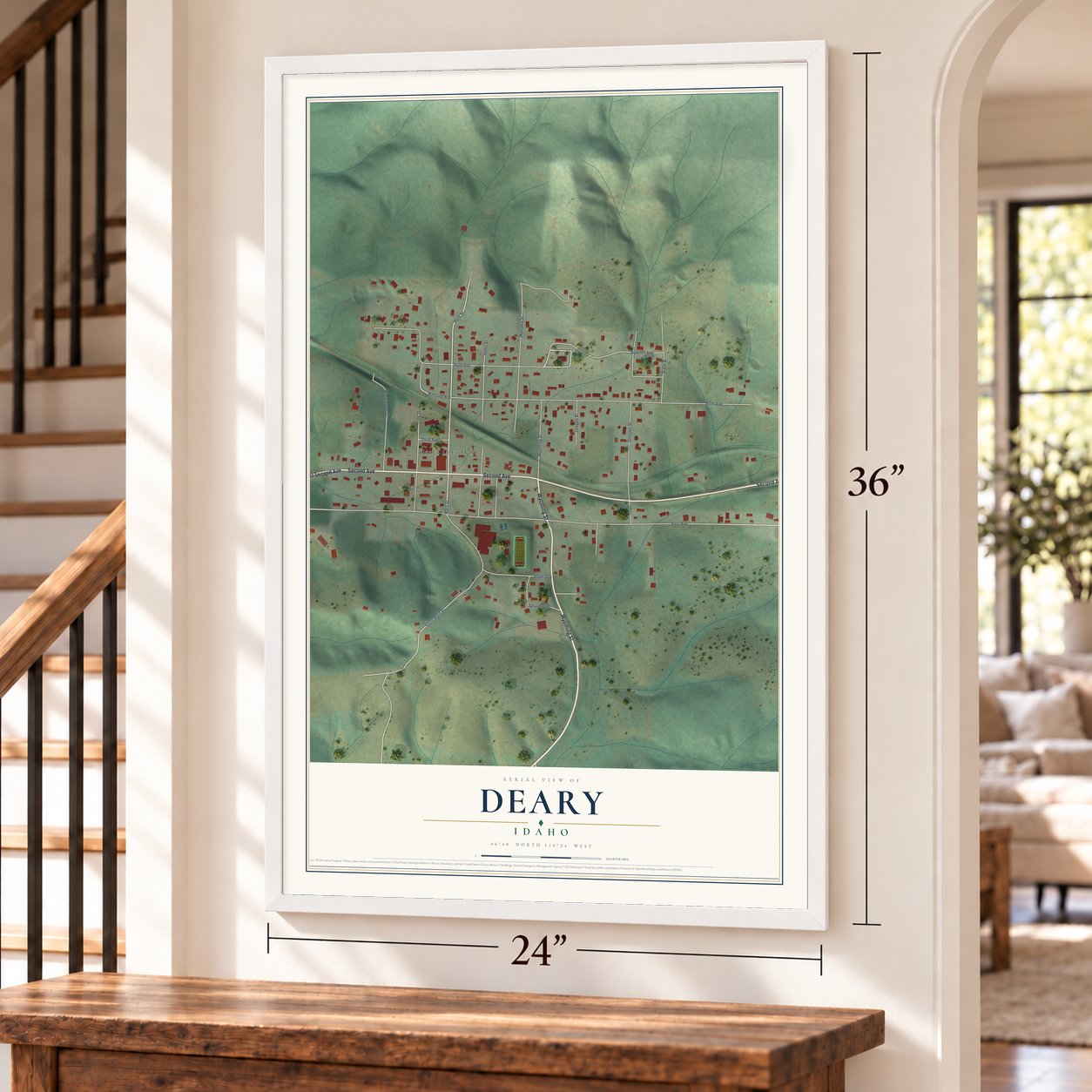 Deary, Idaho map, 24 x 36 inch print in a white frame by a staircase