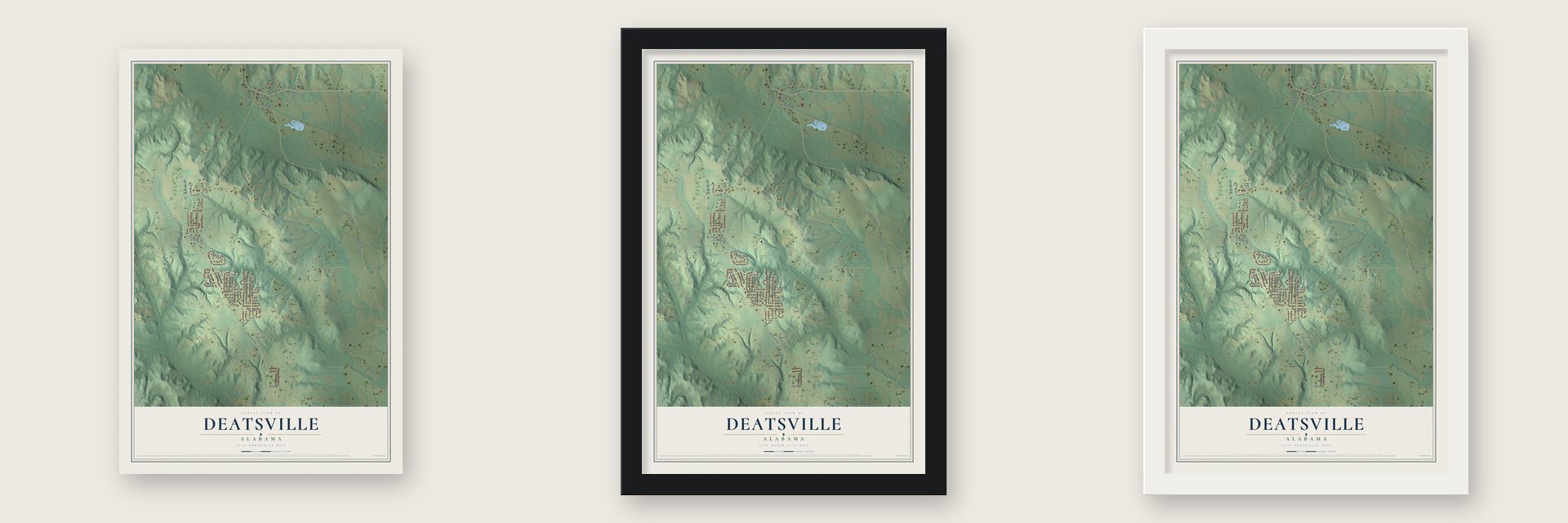 Deatsville, Alabama map unframed, in a black wood frame and in a white wood frame