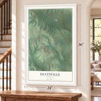 Deatsville, Alabama map, 24 x 36 inch print in a white frame by a staircase