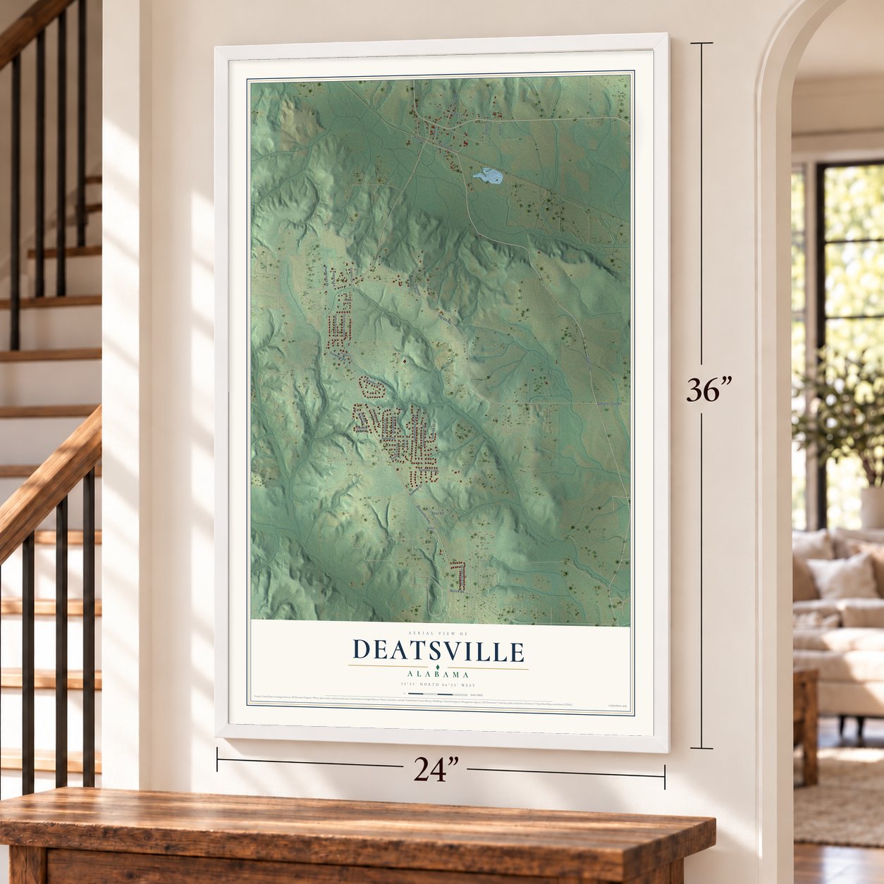 Deatsville, Alabama map, 24 x 36 inch print in a white frame by a staircase