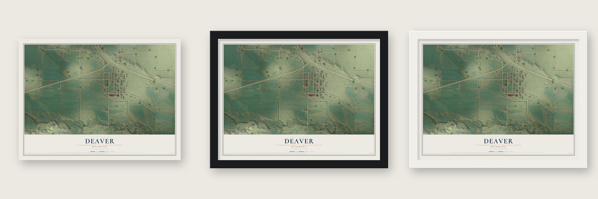 Deaver, Wyoming map unframed, in a black wood frame and in a white wood frame