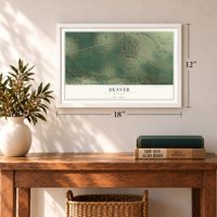Deaver, Wyoming map, 12 x 18 inch print in a white frame in an entryway